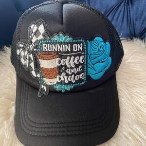 Women’s Custom Made Black Trucker Hat with Teal Rose & Coffee Patch